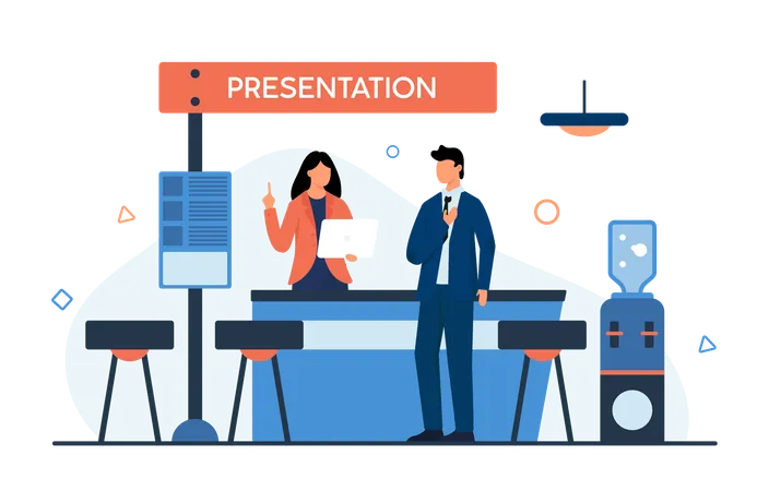 Businessman At Promo Presentation Of Business Product Or Brand At Exhibition Or Expo Trade Show Man Visitor Standing At Advertising Booth Stand With Exhibits And Promoter Cartoon Vector Illustration イラスト