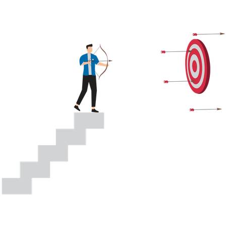 Businessman at top of the ladder wants to put an arrow in the target  Illustration