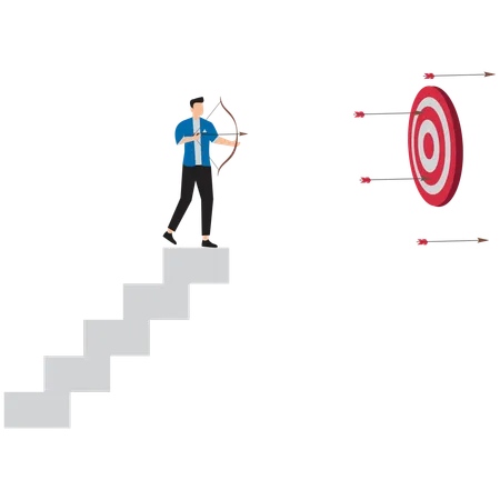 Businessman at top of the ladder wants to put an arrow in the target  Illustration