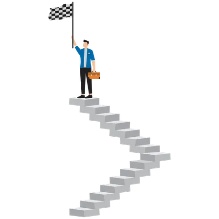 Businessman at top of the stairs taking victory flag  Illustration