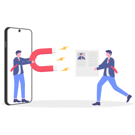 Businessman attracting employee resume using magnet  Illustration