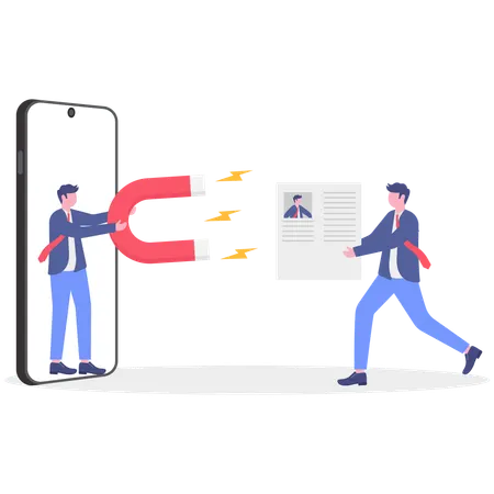 Businessman attracting employee resume using magnet  Illustration