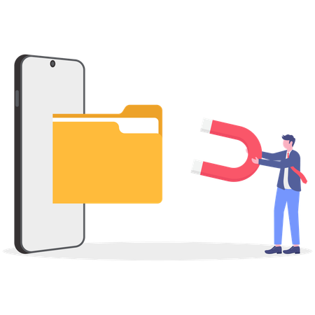携帯電話からフォルダーを引き付けるビジネスマン  イラスト