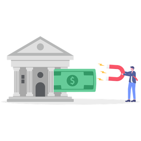 Businessman attracting money from bank using magnet  Illustration