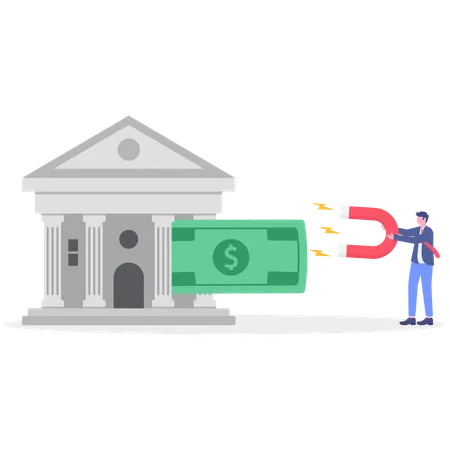 Businessman attracting money from bank using magnet  Illustration