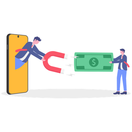 Businessman attracting money using magnet from mobile  Illustration
