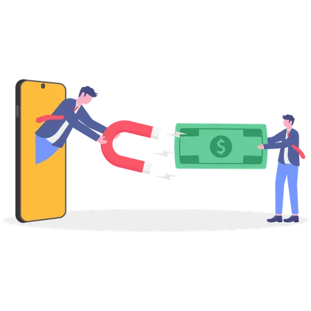 Businessman attracting money using magnet from mobile  Illustration