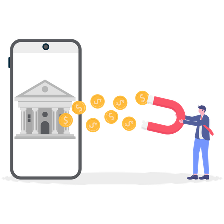Businessman attracting money using magnet from online banking  Illustration