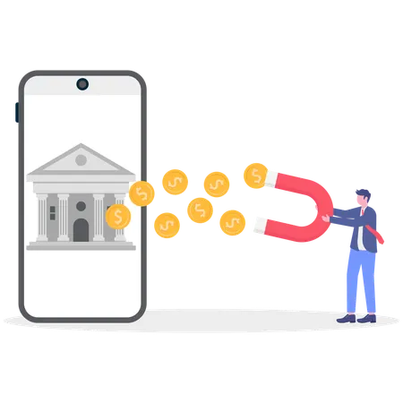 Businessman attracting money using magnet from online banking  Illustration