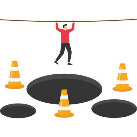 Businessman avoids pits and obstacle  Illustration