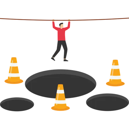 Businessman avoids pits and obstacle  Illustration