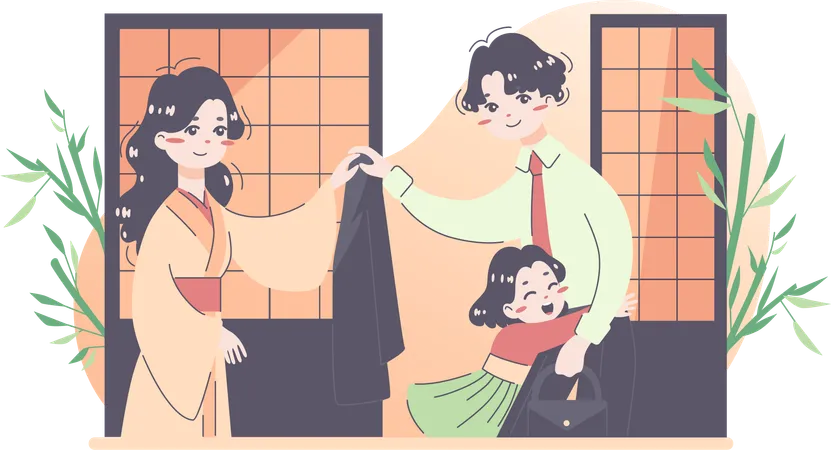 Businessman back to home while his daughter hugging him  Illustration