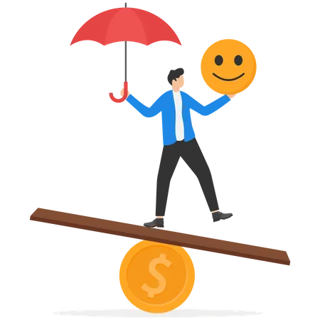 Businessman balance between money and happiness  Illustration