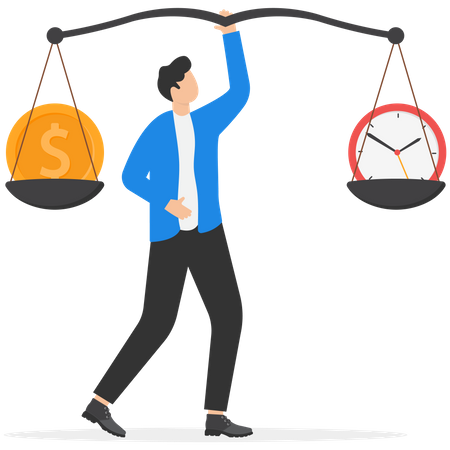 Businessman balance between time clock and dollar  Illustration