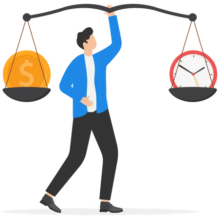 Time And Money Balance Weight Between Work And Life Long Term Investment Or Savings Control Or Make Decision Concept Cheerful Businessman Balance Between Time Clock And Dollar Money On Seesaw イラスト
