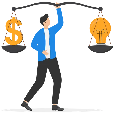 Businessman balance lightbulb idea and money dollar sign  Illustration
