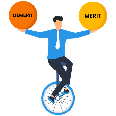 Businessman balance on cycle with merit and demerit  Illustration