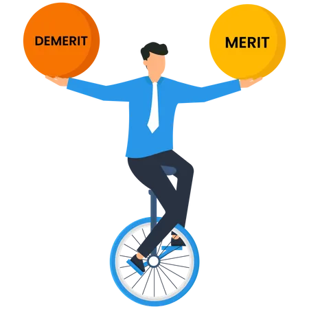 Businessman balance on cycle with merit and demerit  Illustration