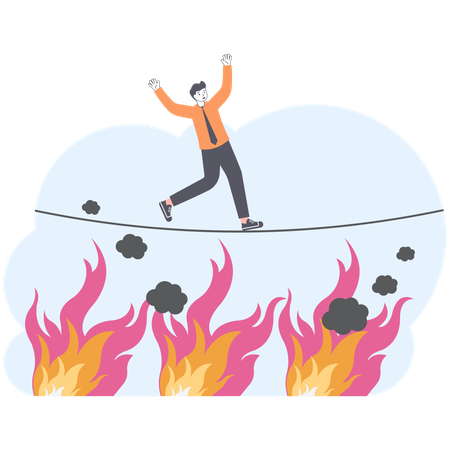 Businessman balance on fire sliding down into fire pond  Illustration
