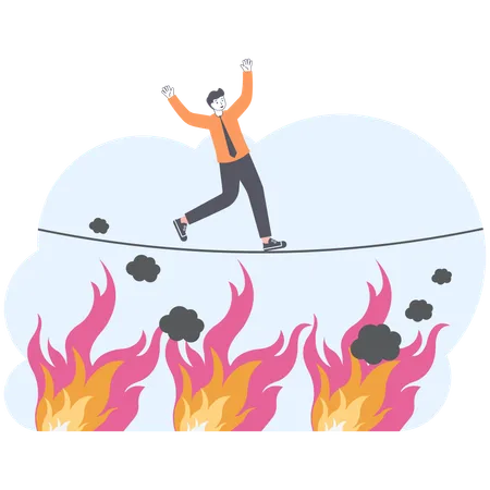Businessman Balance On Fire Sliding Down Into Fire Pond Business Crisis Concept Illustration