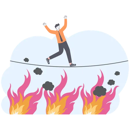 Businessman balance on fire sliding down into fire pond  Illustration