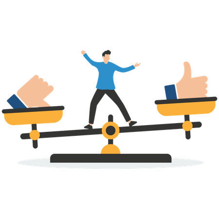 Businessman balance on seesaw with thumb up and thumb down  Illustration