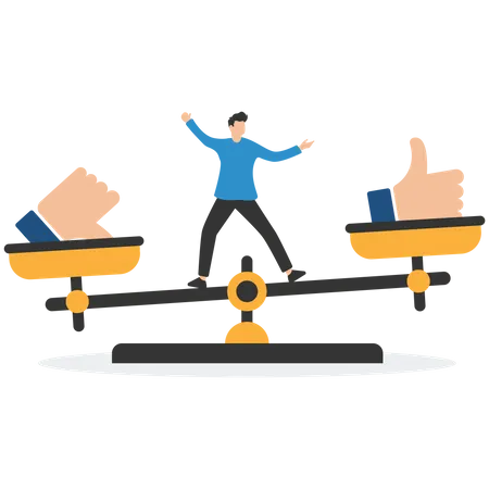 Businessman balance on seesaw with thumb up and thumb down  Illustration