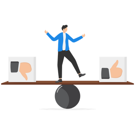 Businessman balance on seesaw with thumb up and thumb down  Illustration