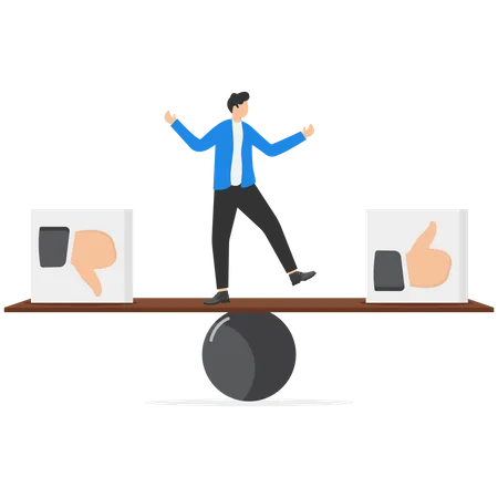 Businessman balance on seesaw with thumb up and thumb down  Illustration