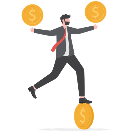 Businessman balance on spinning dollar money coin  Illustration