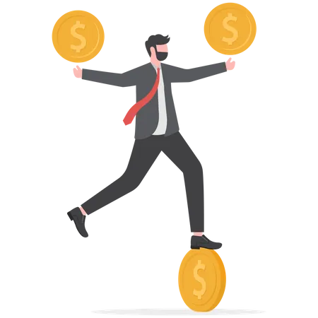 Businessman balance on spinning dollar money coin  Illustration