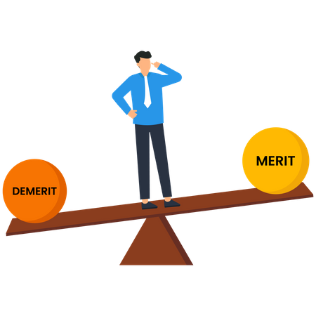 Businessman balance on weight scale with merit and demerit  Illustration