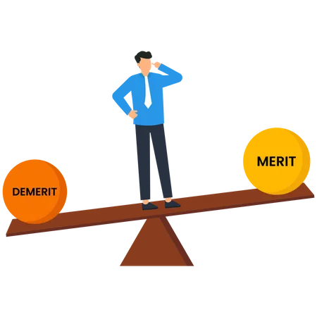 Demerit And Merit Evaluation Advantage And Disadvantage In Comparison Performance Assessment Manager Evaluation Judgment Concept Businessman Balance On Weight Scale With Merit And Demerit Concept Illustration
