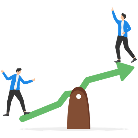 Businessman balance seesaw green arrow graph lift up other guy soaring  イラスト
