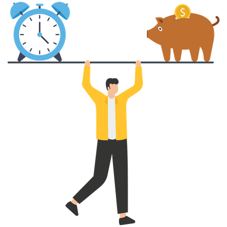 Businessman balance  seesaw with clock and piggy bank  Illustration