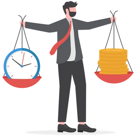 Time And Money Balance Weight Between Work And Life Long Term Investment Or Savings Control Or Make Decision Concept Cheerful Business Woman Balance Between Time Clock And Dollar Money イラスト