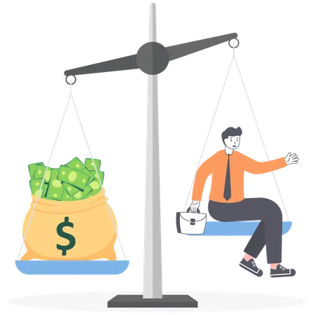 Businessman And Scales Businessman Balance Work And Money On A Scales Man In Suit And Bag With Money Are On The Scales And Money Shift The Balance On Scale Vector Illustration Flat Illustration