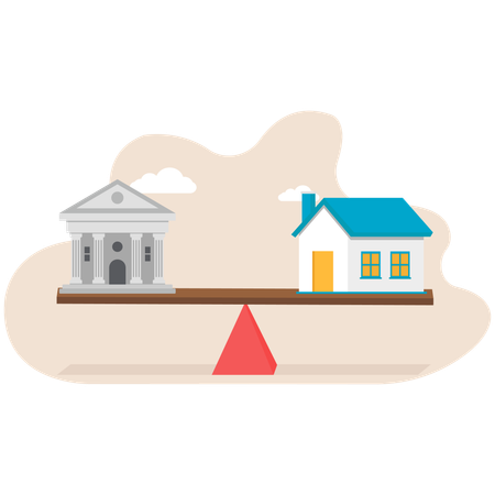 Businessman balances bank and house  Illustration