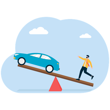 ビジネスマンは自動車ローンの金額と経費のバランスを取る  イラスト