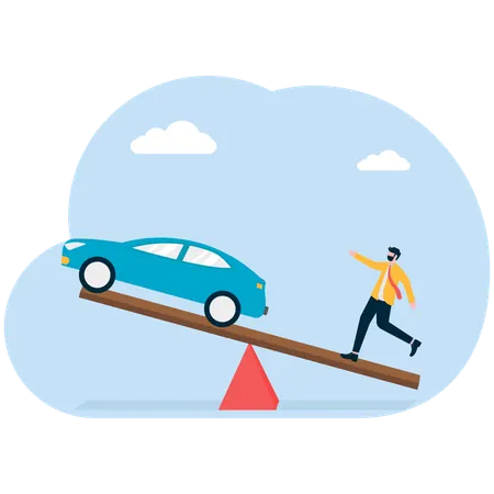 ビジネスマンは自動車ローンの金額と経費のバランスを取る  イラスト