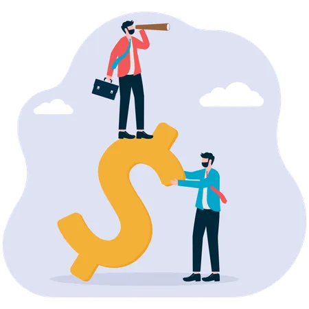 Businessman balances employee on dollar coin  Illustration