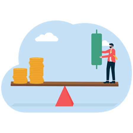 Businessman balances money and graphical data  Illustration