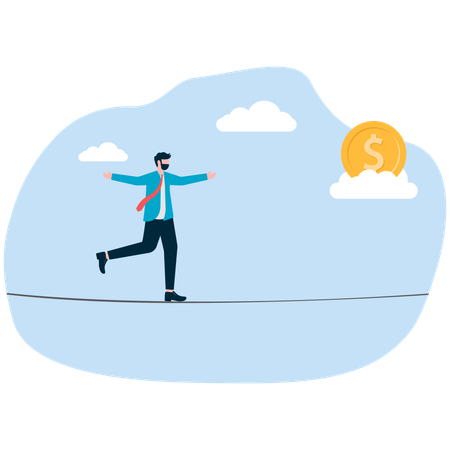 Businessman balances with rope to catch dollar coin  Illustration