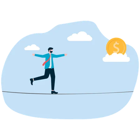 Businessman balances with rope to catch dollar coin  Illustration