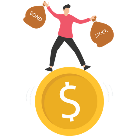Businessman balancing as acrobat on giant dollar coin  イラスト