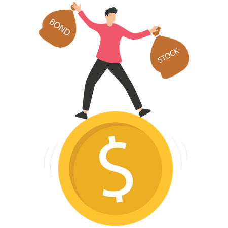 Businessman balancing as acrobat on giant dollar coin  Illustration