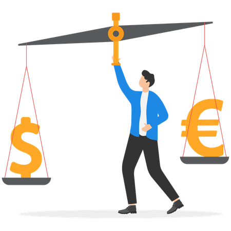 Businessman balancing between dollar and Euro currency  Illustration