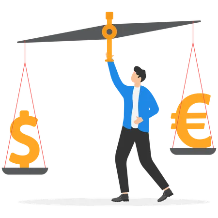 Businessman balancing between dollar and Euro currency  Illustration