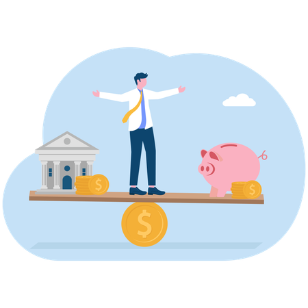 Businessman balancing between home and finance  Illustration