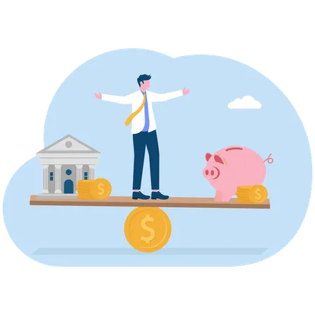 Businessman balancing between home and finance  Illustration